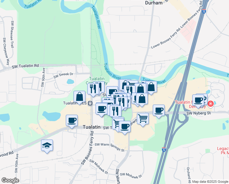 map of restaurants, bars, coffee shops, grocery stores, and more near 18760 Southwest Boones Ferry Road in Tualatin