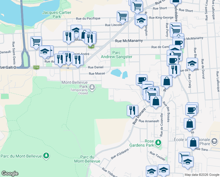 map of restaurants, bars, coffee shops, grocery stores, and more near Rue Jogues in Sherbrooke