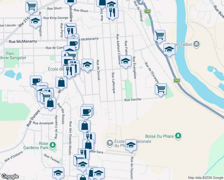 map of restaurants, bars, coffee shops, grocery stores, and more near 1425 Rue LaRocque in Sherbrooke