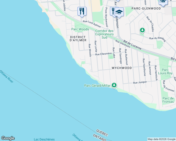map of restaurants, bars, coffee shops, grocery stores, and more near 13 Rue Woods in Gatineau