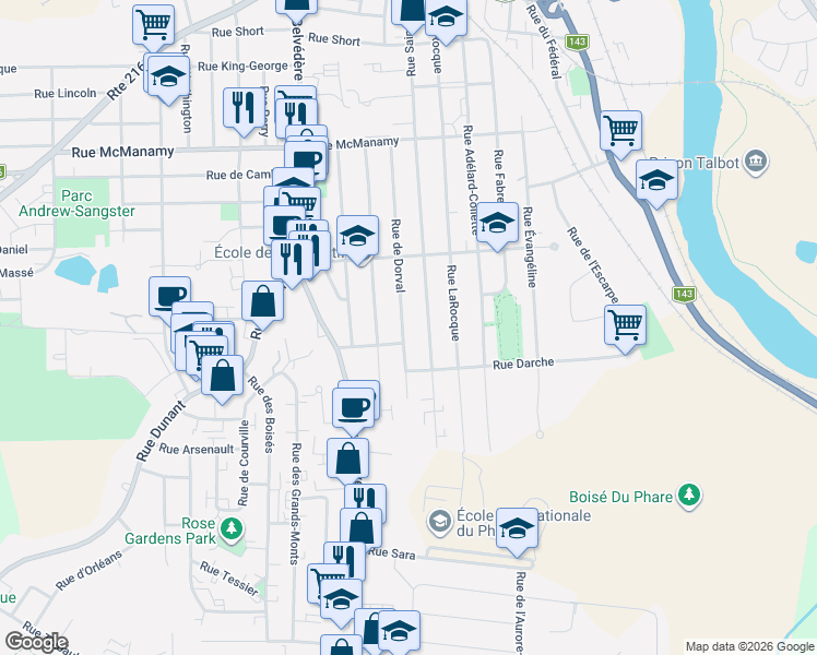 map of restaurants, bars, coffee shops, grocery stores, and more near 1418 Rue de Dorval in Sherbrooke