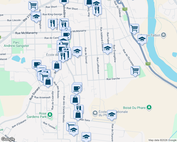 map of restaurants, bars, coffee shops, grocery stores, and more near 1418 Rue de Dorval in Sherbrooke
