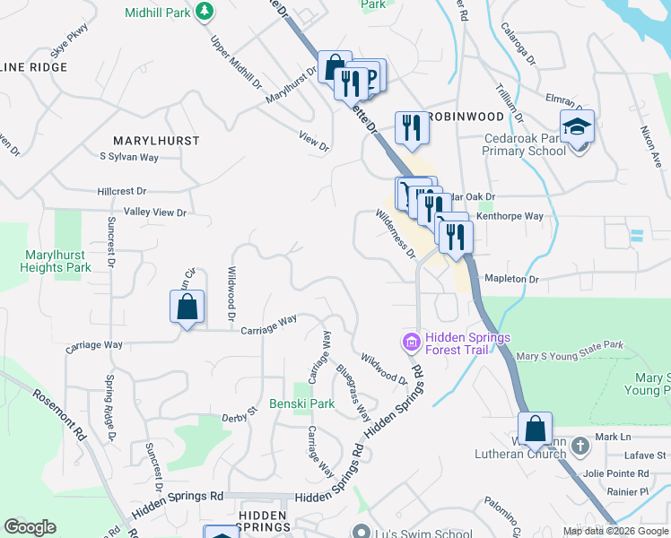 map of restaurants, bars, coffee shops, grocery stores, and more near 19440 Wilderness Drive in West Linn