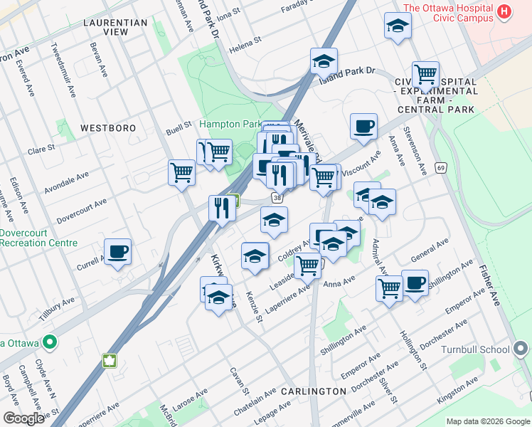 map of restaurants, bars, coffee shops, grocery stores, and more near 1335 Carling Avenue in Ottawa