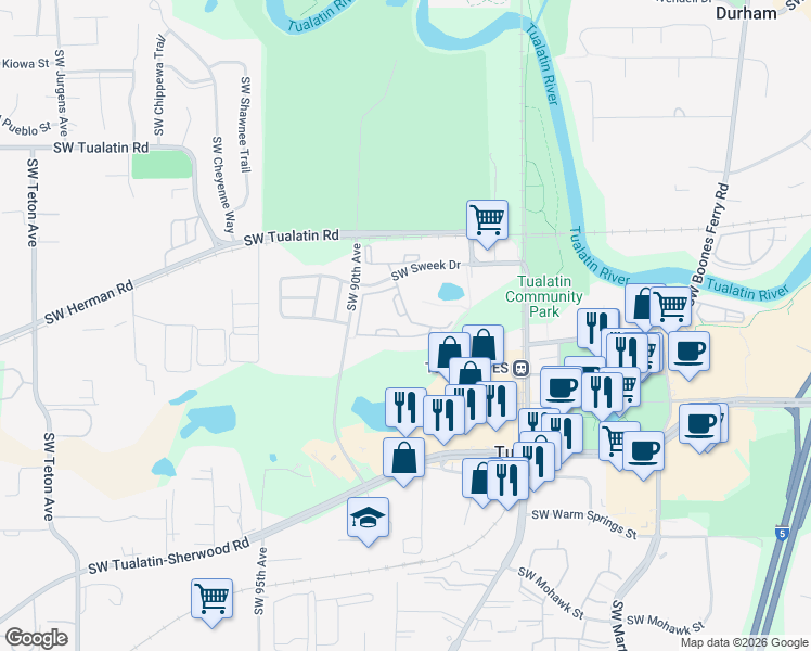 map of restaurants, bars, coffee shops, grocery stores, and more near 8900 Southwest Sweek Drive in Tualatin
