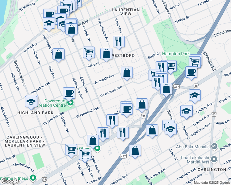 map of restaurants, bars, coffee shops, grocery stores, and more near in Ottawa