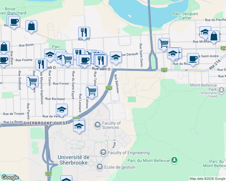 map of restaurants, bars, coffee shops, grocery stores, and more near 1432 Rue Laterrière in Sherbrooke