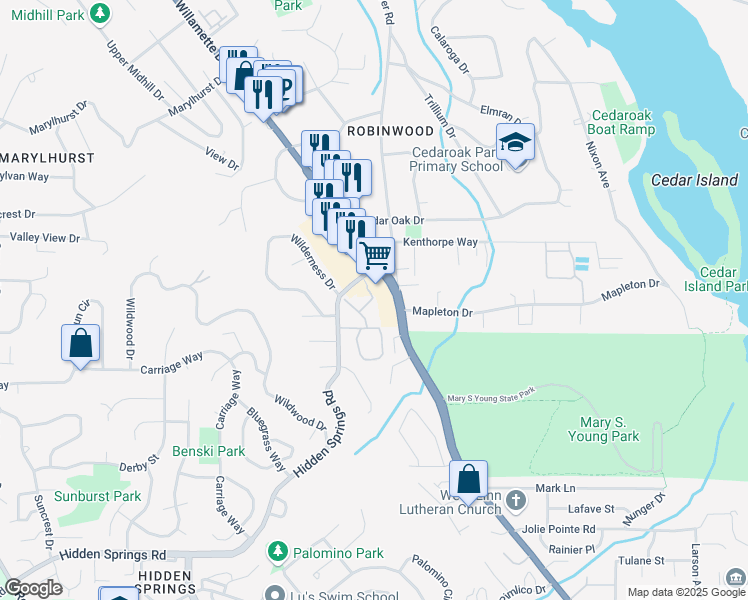 map of restaurants, bars, coffee shops, grocery stores, and more near 4010 Robin Place in West Linn