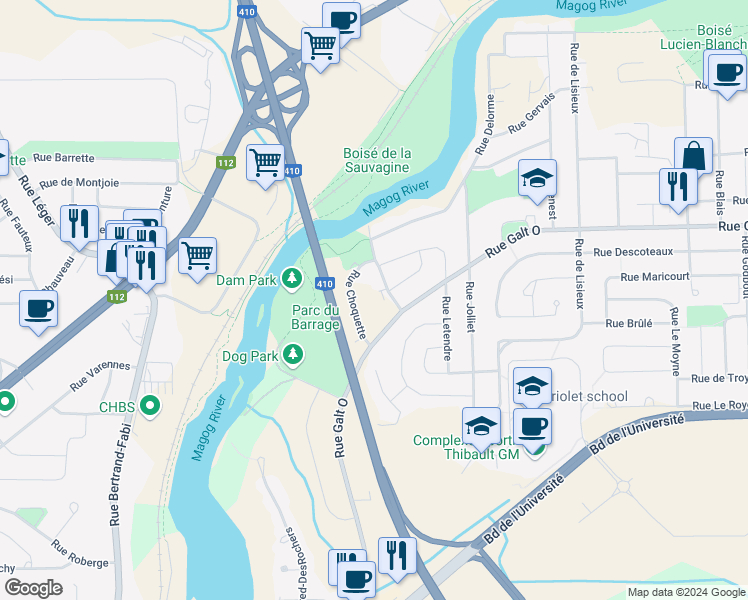 map of restaurants, bars, coffee shops, grocery stores, and more near 1425 Rue Laflèche in Sherbrooke