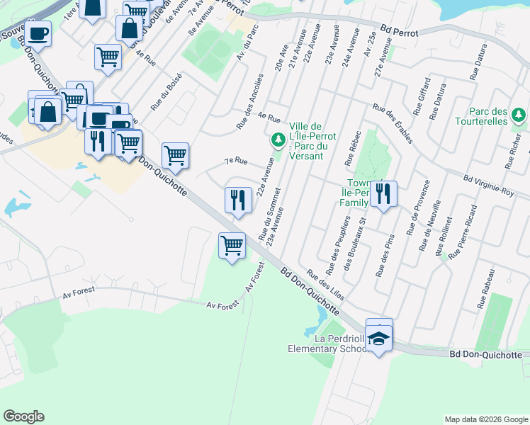 map of restaurants, bars, coffee shops, grocery stores, and more near 410 Rue du Sommet in L'Île-Perrot