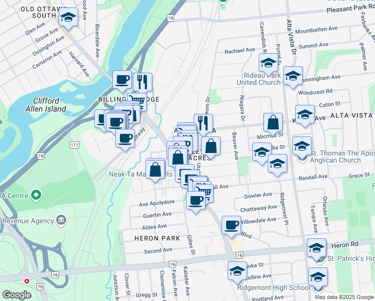 map of restaurants, bars, coffee shops, grocery stores, and more near 2186a Lamira Street in Ottawa