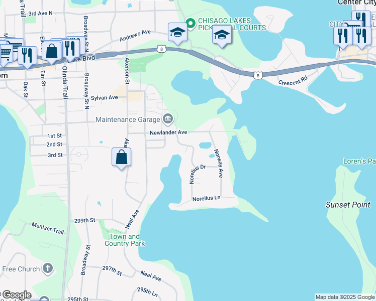 map of restaurants, bars, coffee shops, grocery stores, and more near 13585 Newlander Avenue in Lindstrom