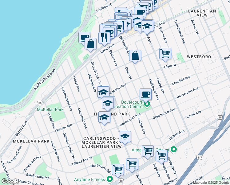 map of restaurants, bars, coffee shops, grocery stores, and more near 555 Highland Avenue in Ottawa