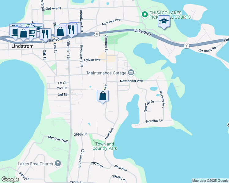 map of restaurants, bars, coffee shops, grocery stores, and more near 30220 Neal Avenue in Lindstrom