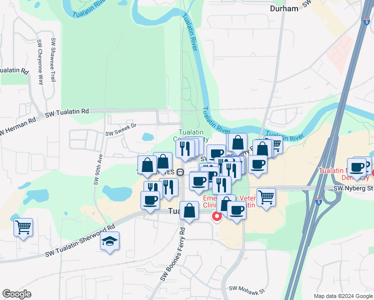 map of restaurants, bars, coffee shops, grocery stores, and more near 8475 Southwest Tualatin Road in Tualatin