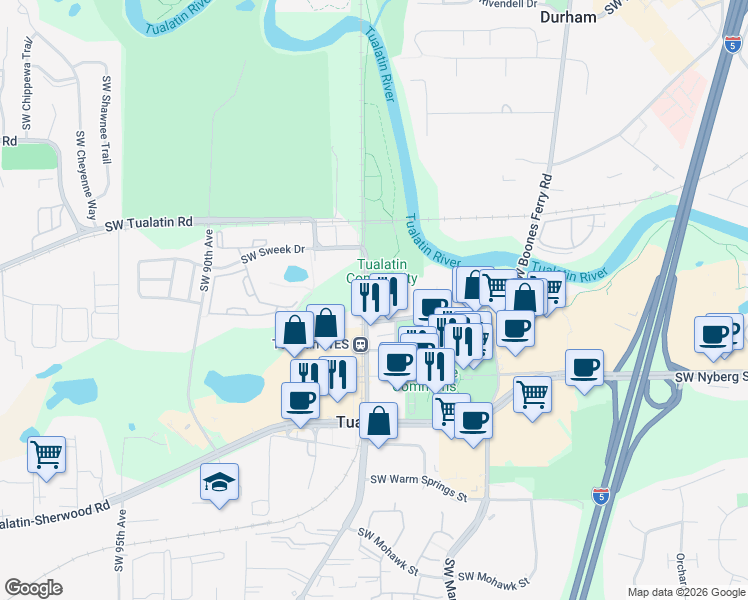 map of restaurants, bars, coffee shops, grocery stores, and more near Southwest Tualatin Road in Tualatin