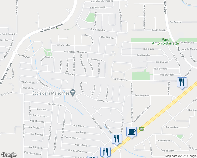 map of restaurants, bars, coffee shops, grocery stores, and more near 1380 Rue Marini in Sherbrooke
