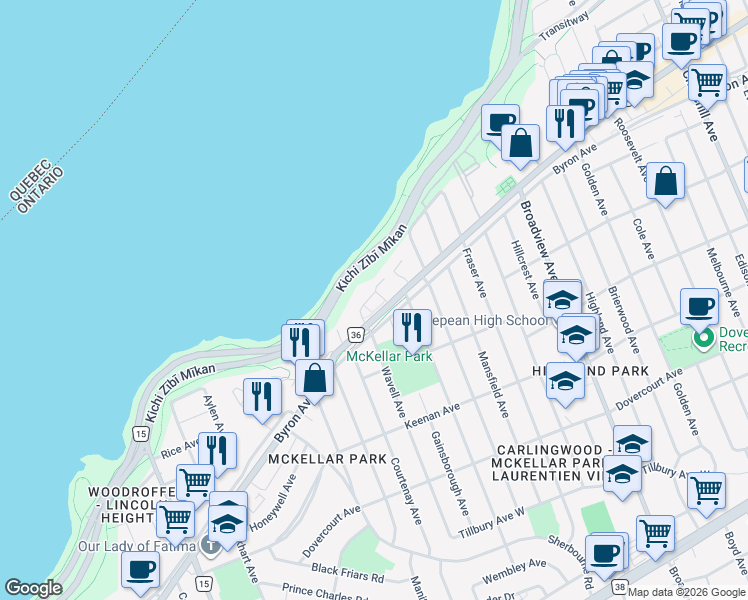 map of restaurants, bars, coffee shops, grocery stores, and more near 655 Richmond Road in Ottawa