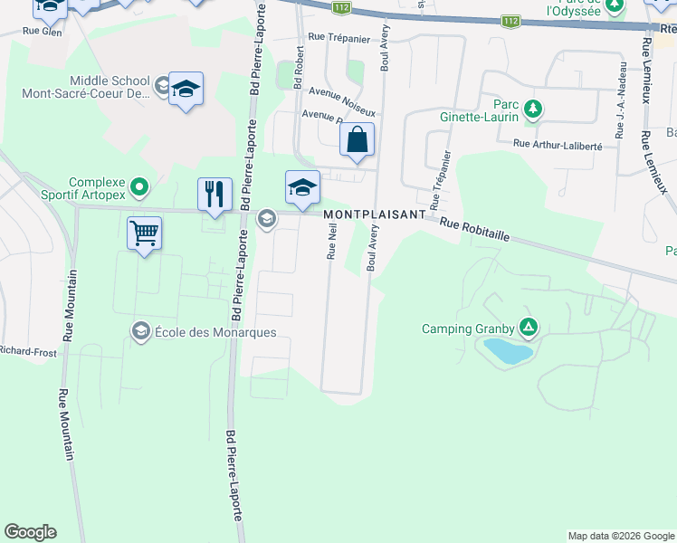 map of restaurants, bars, coffee shops, grocery stores, and more near 239 Rue Neil in Granby