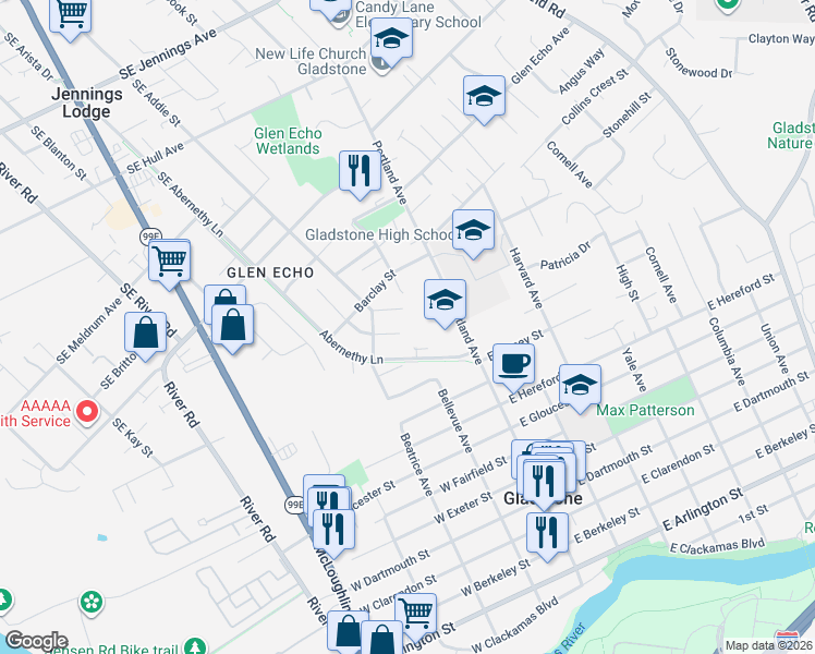 map of restaurants, bars, coffee shops, grocery stores, and more near 19364 Abernethy Lane in Gladstone