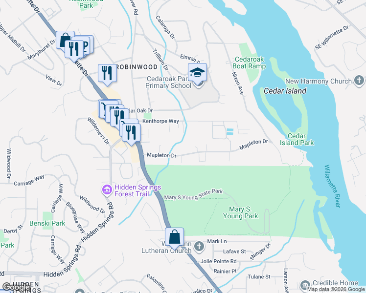 map of restaurants, bars, coffee shops, grocery stores, and more near 3993 Mapleton Drive in West Linn