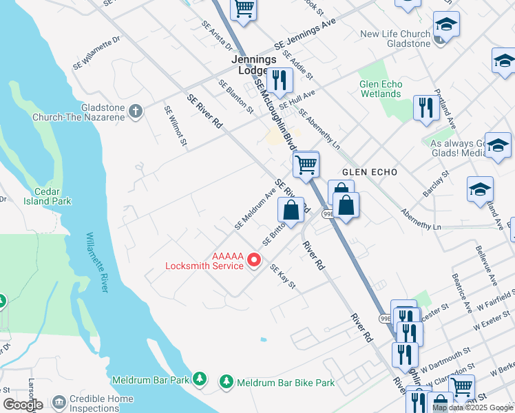 map of restaurants, bars, coffee shops, grocery stores, and more near Southeast Meldrum Avenue in Milwaukie
