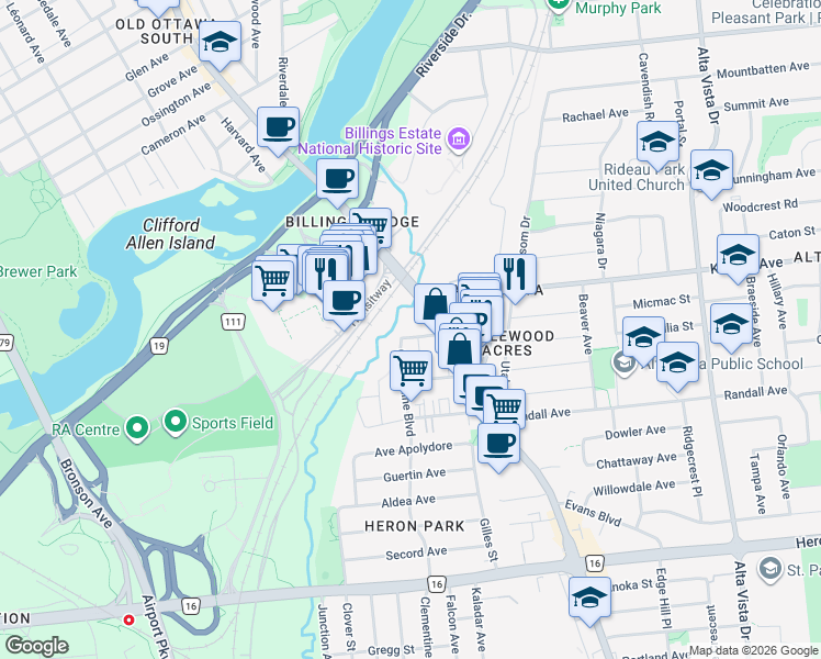 map of restaurants, bars, coffee shops, grocery stores, and more near 1201 Ohio Street in Ottawa
