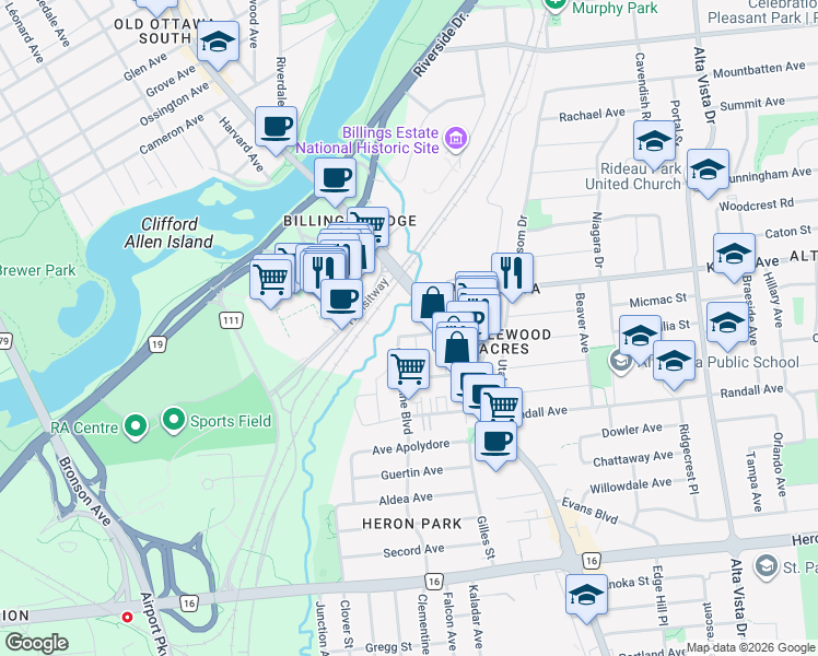map of restaurants, bars, coffee shops, grocery stores, and more near 1201 Ohio Street in Ottawa