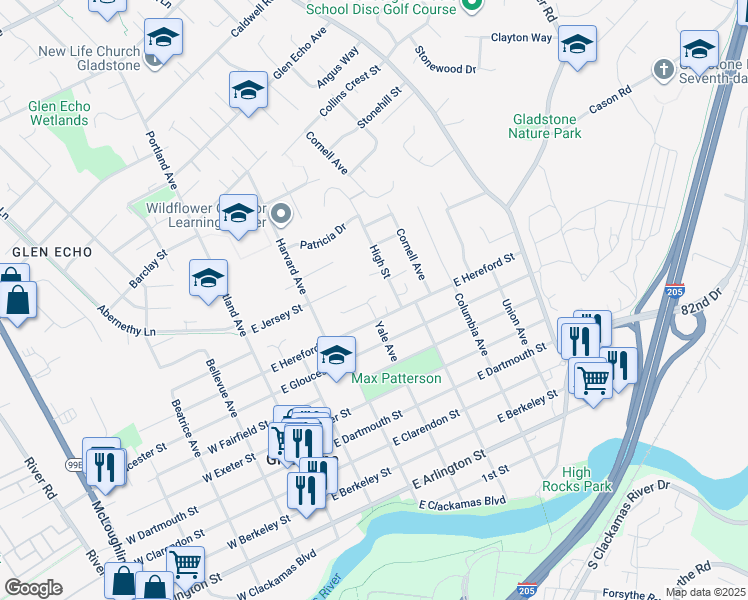 map of restaurants, bars, coffee shops, grocery stores, and more near 925 Yale Avenue in Gladstone