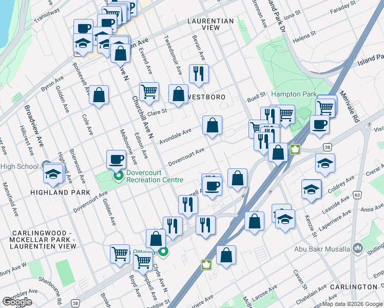 map of restaurants, bars, coffee shops, grocery stores, and more near 295 Dovercourt Avenue in Ottawa