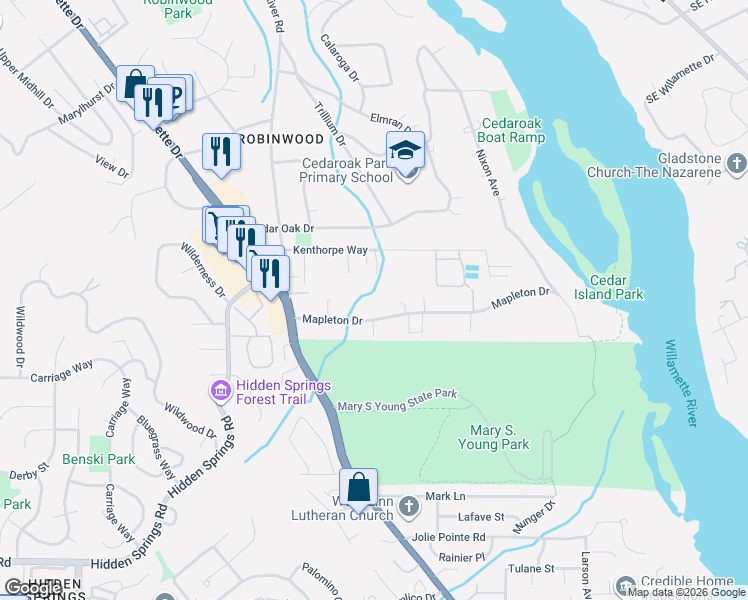 map of restaurants, bars, coffee shops, grocery stores, and more near 3993 Mapleton Drive in West Linn