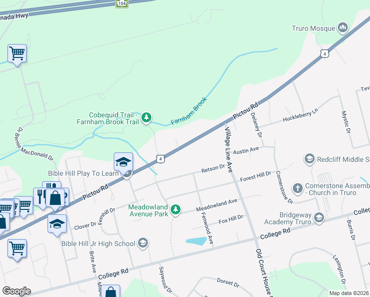 map of restaurants, bars, coffee shops, grocery stores, and more near 389 Pictou Road in Truro