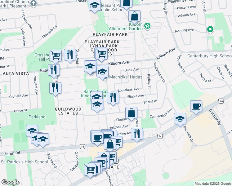 map of restaurants, bars, coffee shops, grocery stores, and more near 1838 Louisiana Avenue in Ottawa
