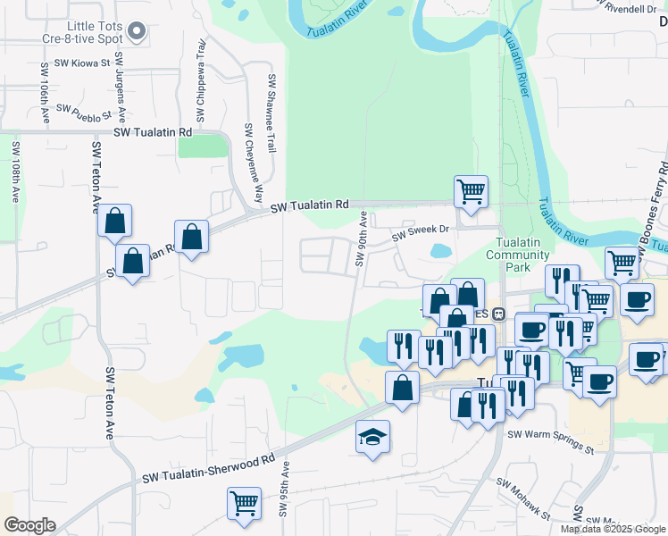 map of restaurants, bars, coffee shops, grocery stores, and more near 18704 Southwest 92nd Terrace in Tualatin