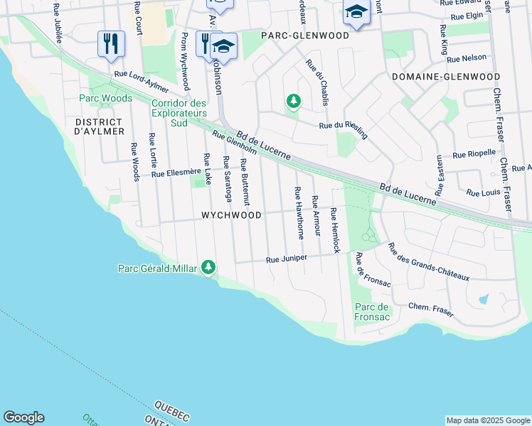 map of restaurants, bars, coffee shops, grocery stores, and more near Rue Oakwood in Aylmer