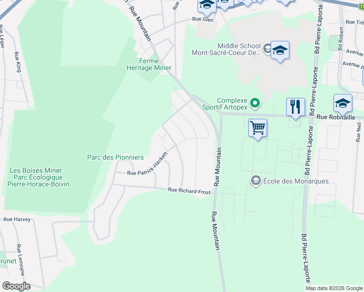 map of restaurants, bars, coffee shops, grocery stores, and more near 80 Rue Patrick-Hackett in Granby