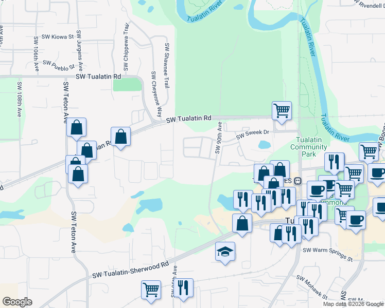 map of restaurants, bars, coffee shops, grocery stores, and more near 9243 Southwest Tanoak Lane in Tualatin