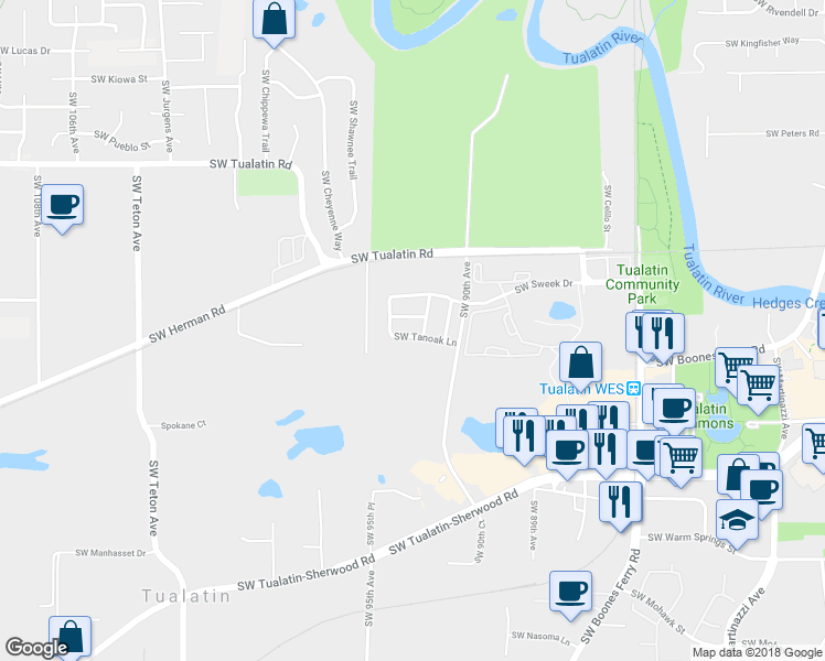 map of restaurants, bars, coffee shops, grocery stores, and more near 9235 Southwest Tanoak Lane in Tualatin