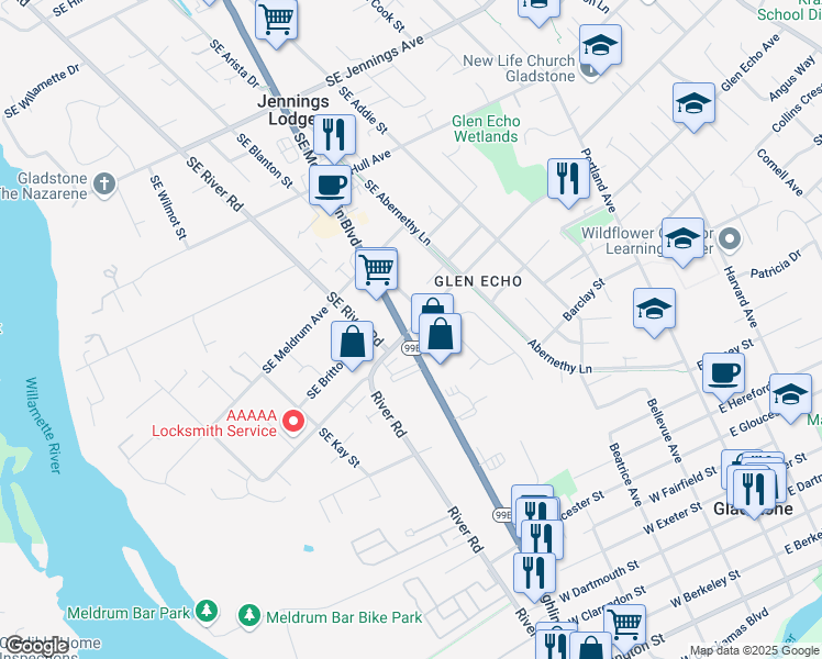 map of restaurants, bars, coffee shops, grocery stores, and more near in Jennings Lodge