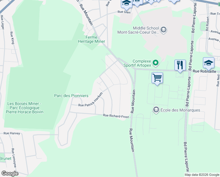 map of restaurants, bars, coffee shops, grocery stores, and more near 80 Rue Patrick-Hackett in Granby