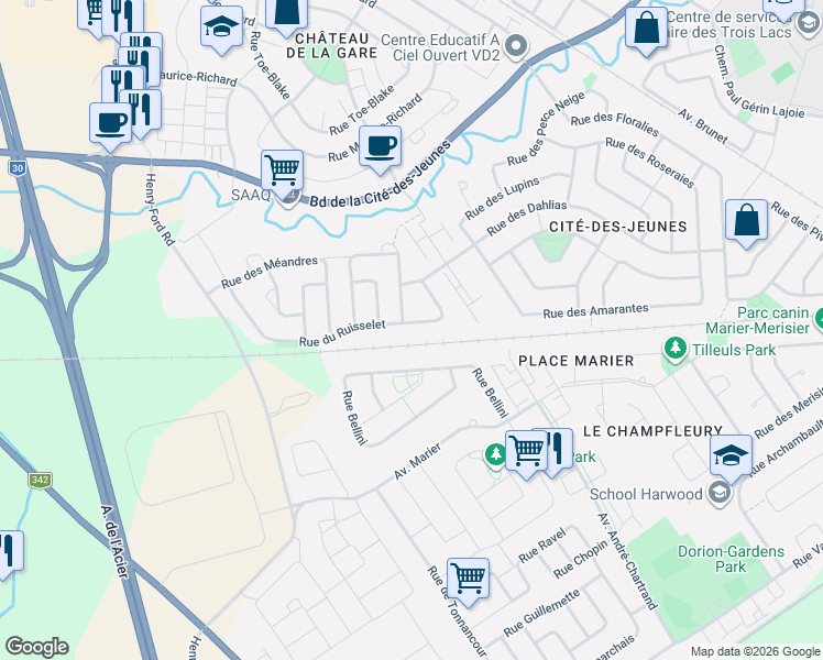 map of restaurants, bars, coffee shops, grocery stores, and more near 160 Rue du Ruisselet in Vaudreuil-Dorion
