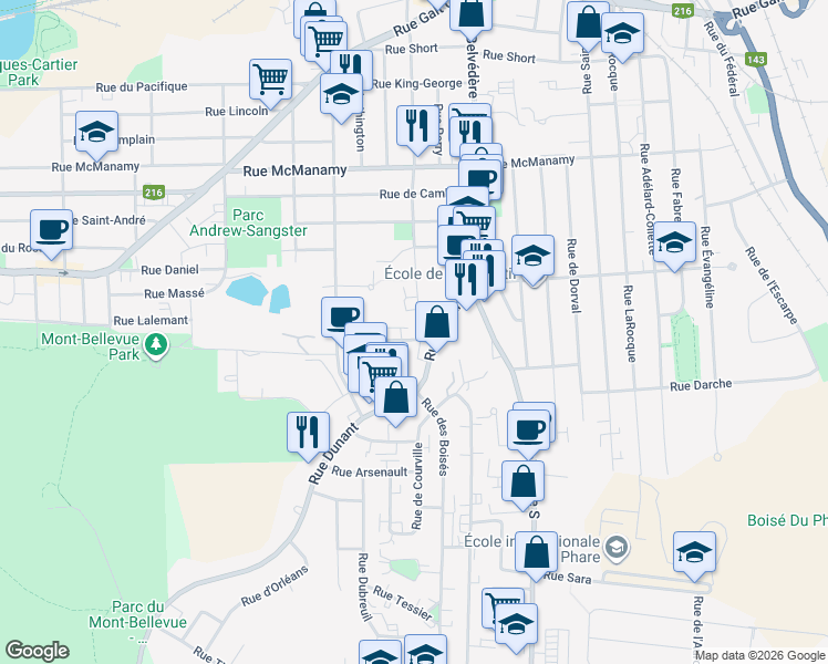 map of restaurants, bars, coffee shops, grocery stores, and more near 865 Rue Raoul-Bruneau in Sherbrooke