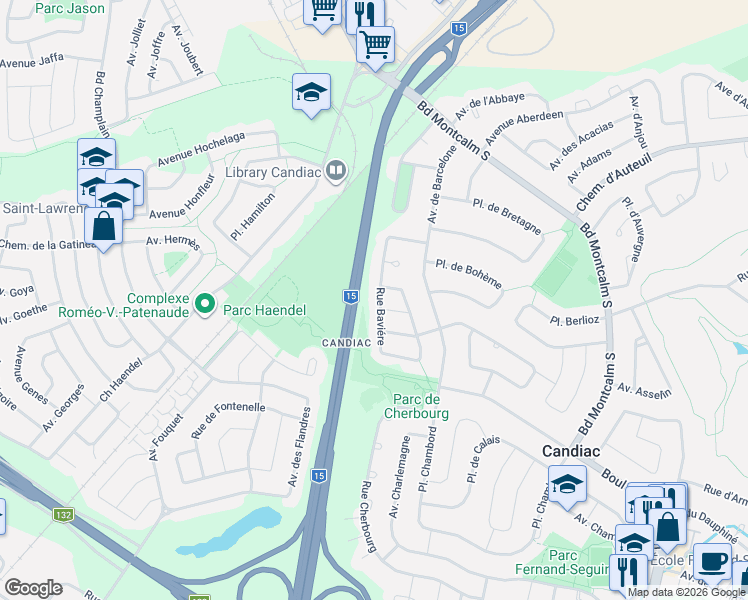 map of restaurants, bars, coffee shops, grocery stores, and more near 61 Avenue de Bavière in Candiac