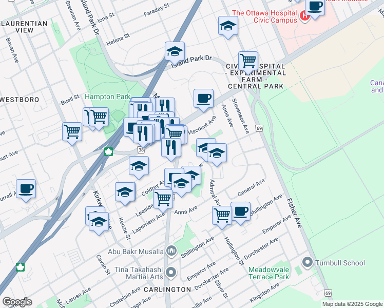 map of restaurants, bars, coffee shops, grocery stores, and more near 92 Harrold Place in Ottawa