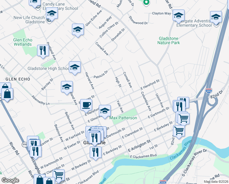 map of restaurants, bars, coffee shops, grocery stores, and more near 410 Dennis Way in Gladstone