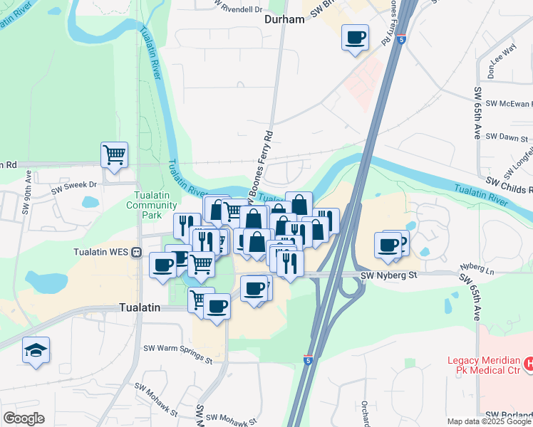 map of restaurants, bars, coffee shops, grocery stores, and more near 18540 Southwest Boones Ferry Road in Tualatin