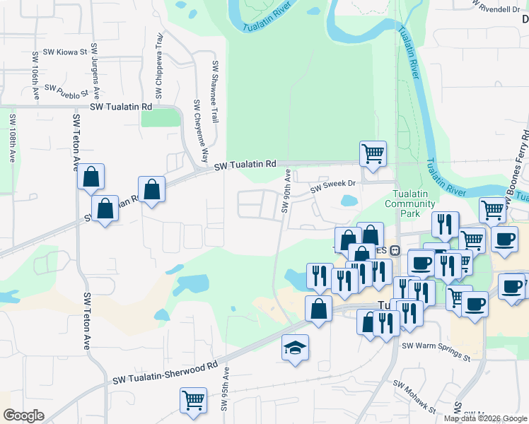 map of restaurants, bars, coffee shops, grocery stores, and more near 18688 Southwest 92nd Terrace in Tualatin