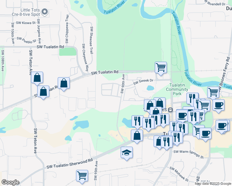 map of restaurants, bars, coffee shops, grocery stores, and more near 18689 Southwest 91st Terrace in Tualatin