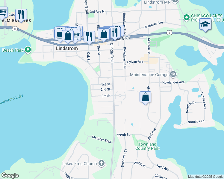 map of restaurants, bars, coffee shops, grocery stores, and more near 30225 Olinda Trail in Lindstrom