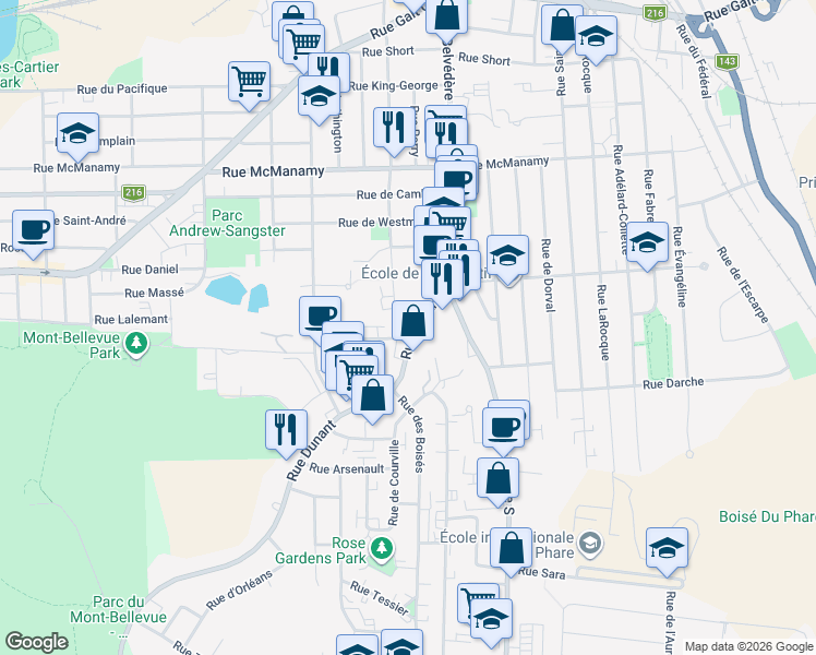 map of restaurants, bars, coffee shops, grocery stores, and more near 1395 Rue Dunant in Sherbrooke